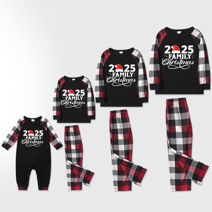 Drune | "2025 Familie Weihnachten" Schrift Druck Rot & Schwarz & Grau & Weiß Karierte Familie Passende Pyjamas