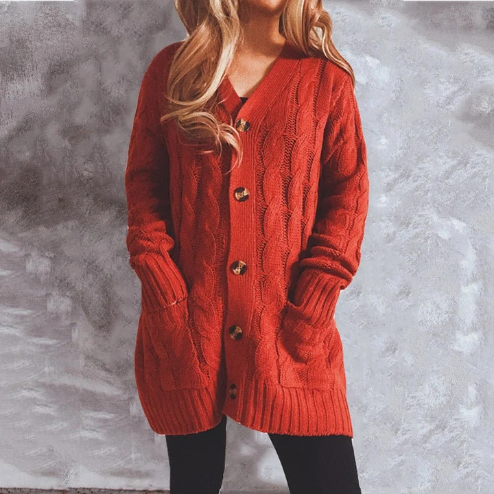 Drune | Wollstrickjacke Damen Mit Zopfmuster Und Holzknöpfen, Lockere