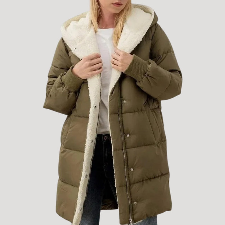 Drune | Damen langer Puffermantel – mit Kunstfell gefütterte Winterjacke