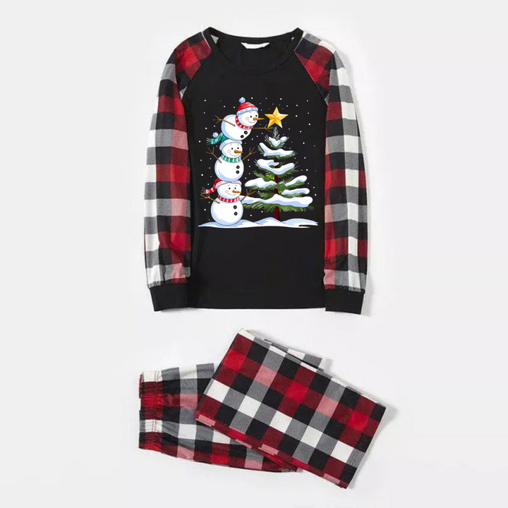 Drune | Rote und graue karierte Weihnachts-Pyjama-Set mit Schneemann- und Weihnachtsbaum-Print