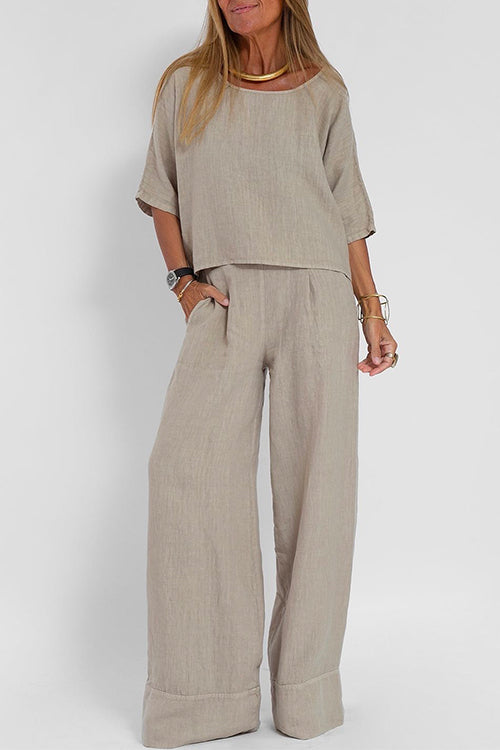 Drune | Rosiedress Rundhals 3/4 Ärmel Pullover Weite Beinhosen Baumwolle Leinen Set