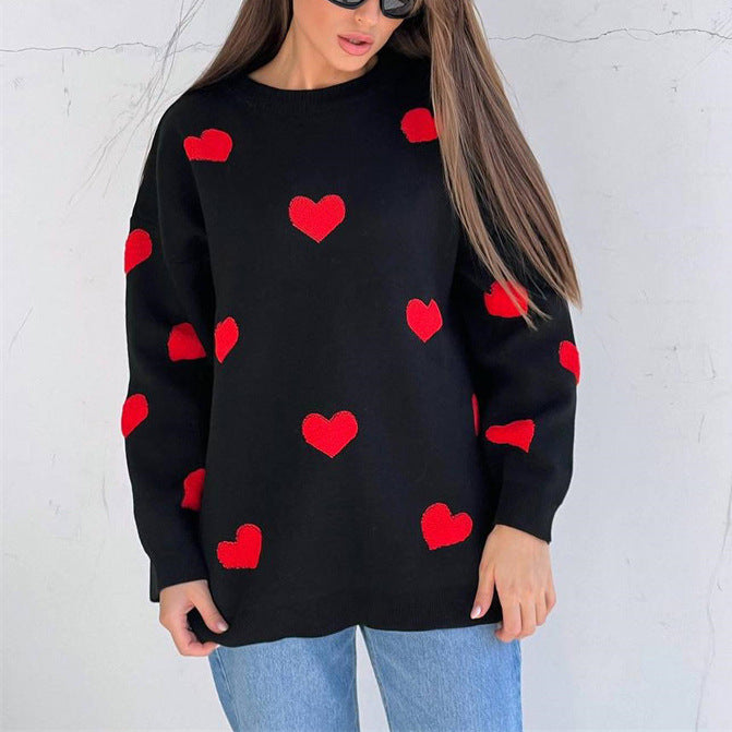 Drune | Strick Sweatshirt - Übergrößenpassform - Herzmuster - Langarm Freizeitoberteil