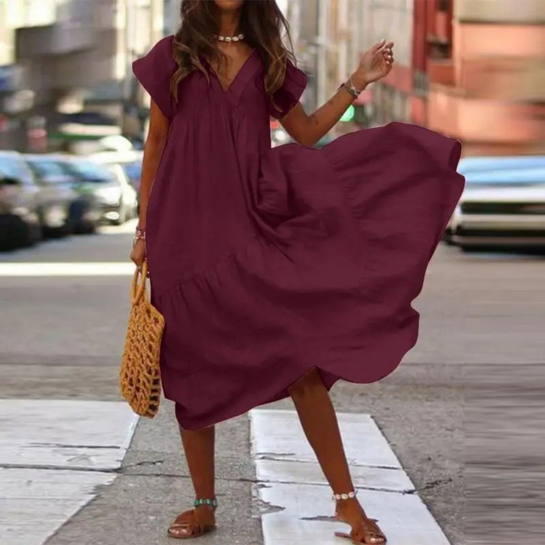 Drune – Blusenkleid im Maxi-Stil mit V-Ausschnitt und Rüschen