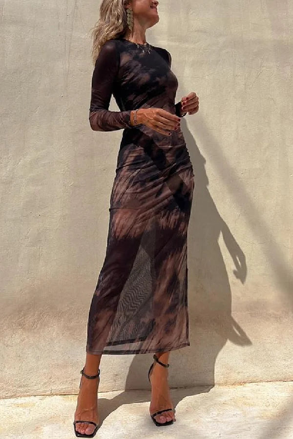Drune | Charm Lady Mesh Overlay Tie Dye Print Langarm Rüsch Stretch Midi Kleid