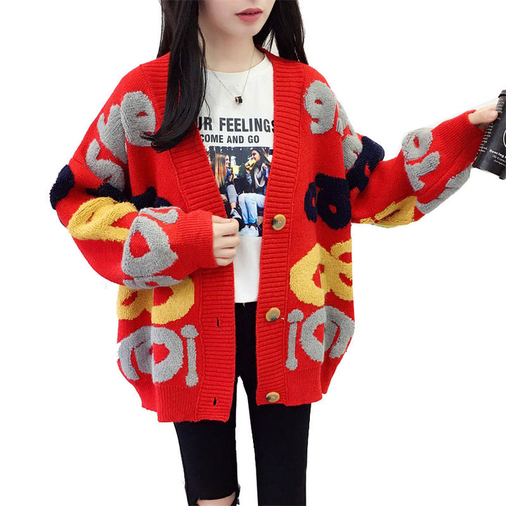 Damen Strickjacke mit buntem grafischen Design und gemütlichen Knöpfen Drune