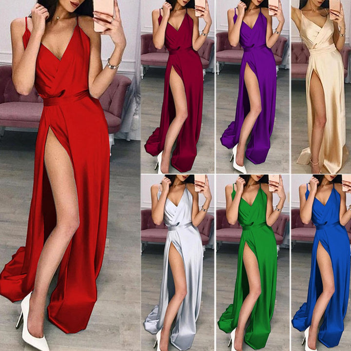 Damen Elegantes Satin Abendkleid mit hohem Schlitz Drune