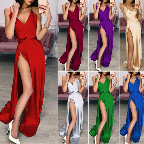 Damen Elegantes Satin Abendkleid mit hohem Schlitz Drune