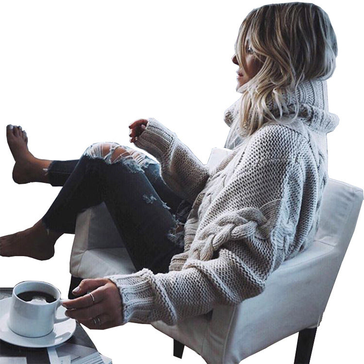 Damen Grobstrickpullover mit hohem Kragen und verspieltem Zopfmuster Drune