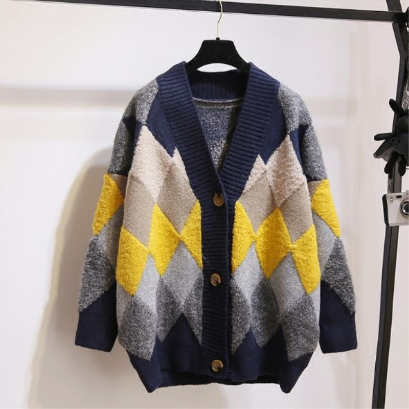 Damen Grobstrick-Cardigan mit auffälligem Rautenmuster und knopflosem Design Drune