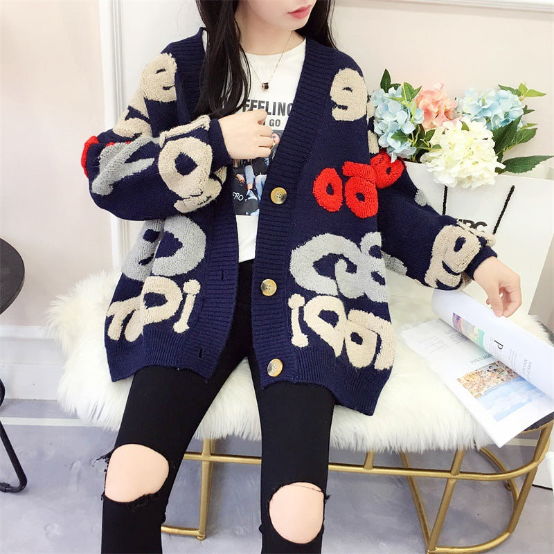Damen Strickjacke mit buntem grafischen Design und gemütlichen Knöpfen Drune