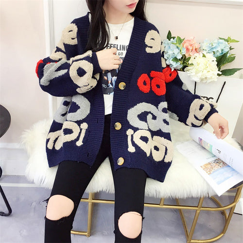 Damen Strickjacke mit buntem grafischen Design und gemütlichen Knöpfen Drune