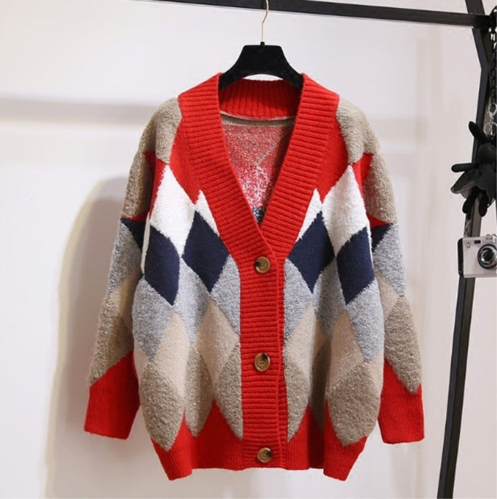 Damen Grobstrick-Cardigan mit auffälligem Rautenmuster und knopflosem Design Drune