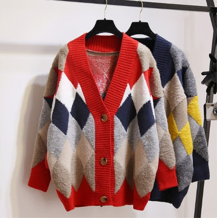 Damen Gemusterte Strickjacke mit Knöpfen und V-Ausschnitt Drune