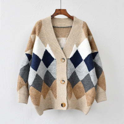 Damen Grobstrick-Cardigan mit auffälligem Rautenmuster und knopflosem Design Drune