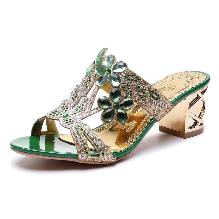Damen nan verzierte Riemchensandalen mit mittelhohem geometrischem Blockabsatz und Kristallblumen Drune