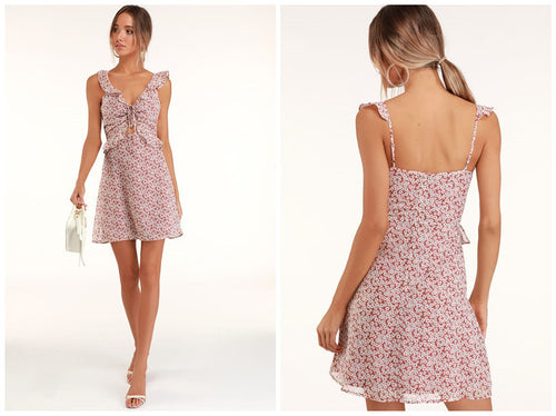 Damen verspieltes Minikleid mit Rüschendetails und Blumenmuster Drune