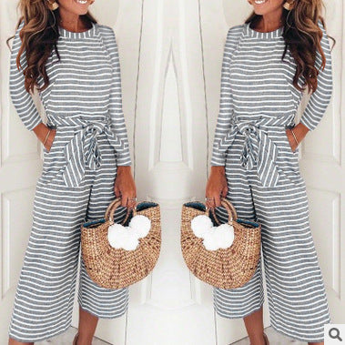 Damen Jumpsuit mit lässigem Bindegürtel und gestreiftem Muster Drune