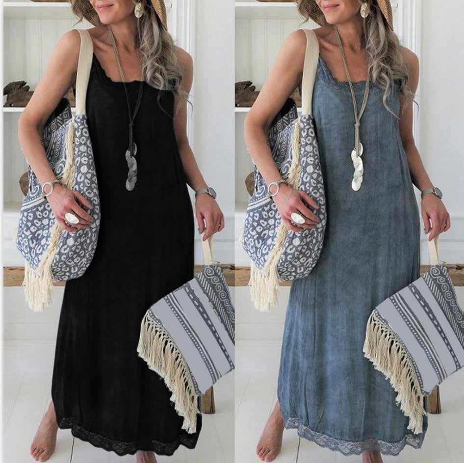 Damen lässiges Maxikleid im Boho-Stil mit Spitzendetails Drune