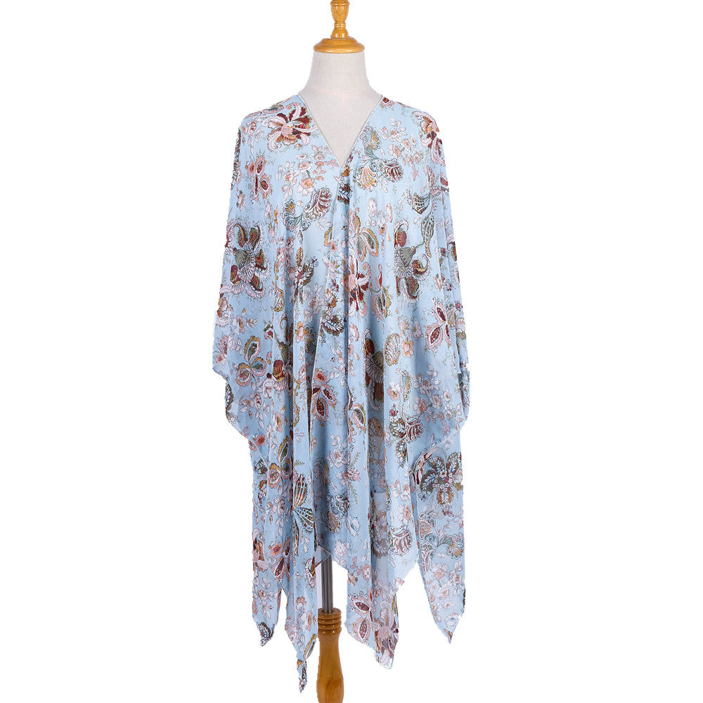 Damen eleganter Chiffon-Überwurf mit floralem Design und asymmetrischem Saum Drune