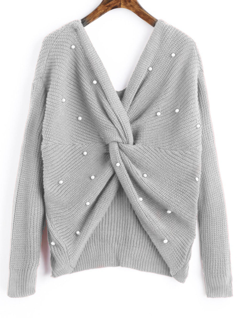 Damen modischer Strickpullover mit Wickeldesign und perlenverzierten Details Drune