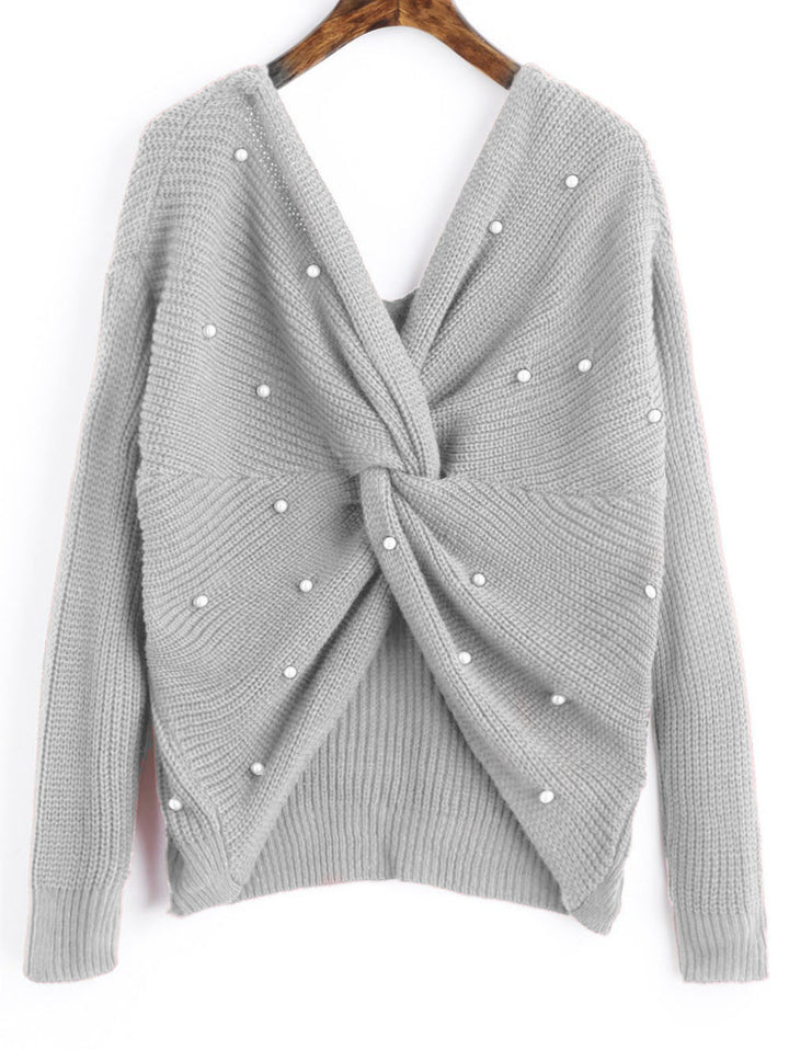 Damen modischer Strickpullover mit Wickeldesign und perlenverzierten Details Drune