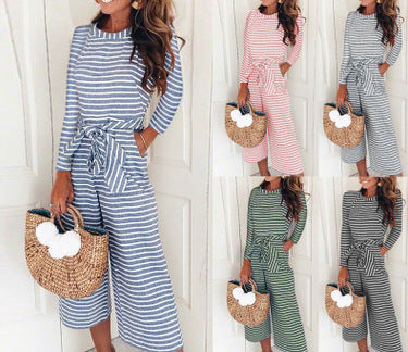 Damen Jumpsuit mit lässigem Bindegürtel und gestreiftem Muster Drune