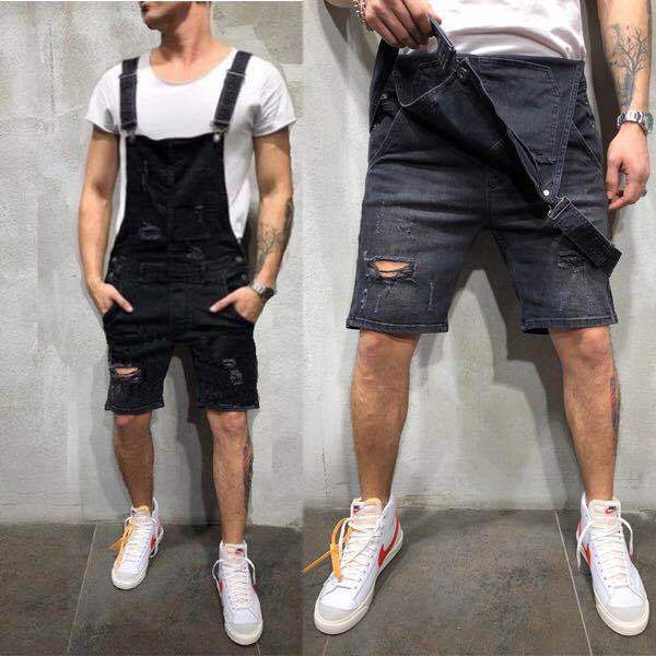 Herren Denim Latzshorts im modernen used Look mit verstellbaren Trägern Drune