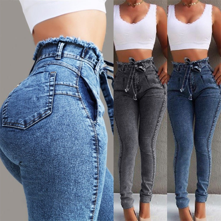 Damen figurschmeichelnde High-Waist Jeans mit praktischen Taschen und verstellbarem Kordelzug Drune