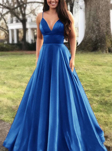 Damen A-Linien Abendkleid mit tiefem Ausschnitt und schmalen Trägern Drune