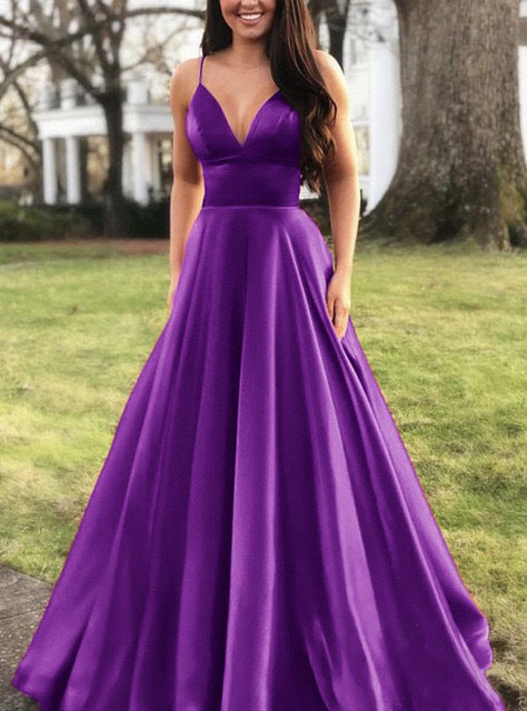 Damen A-Linien Abendkleid mit tiefem Ausschnitt und schmalen Trägern Drune