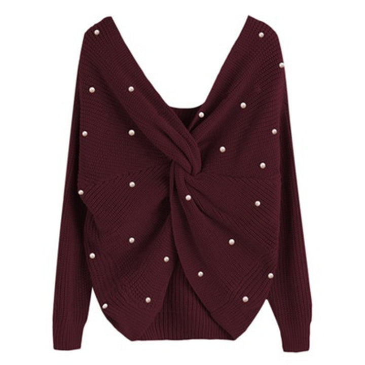 Damen modischer Strickpullover mit Wickeldesign und perlenverzierten Details Drune
