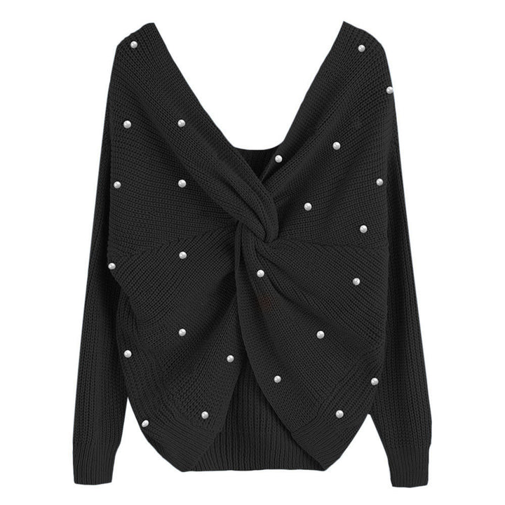 Damen modischer Strickpullover mit Wickeldesign und perlenverzierten Details Drune