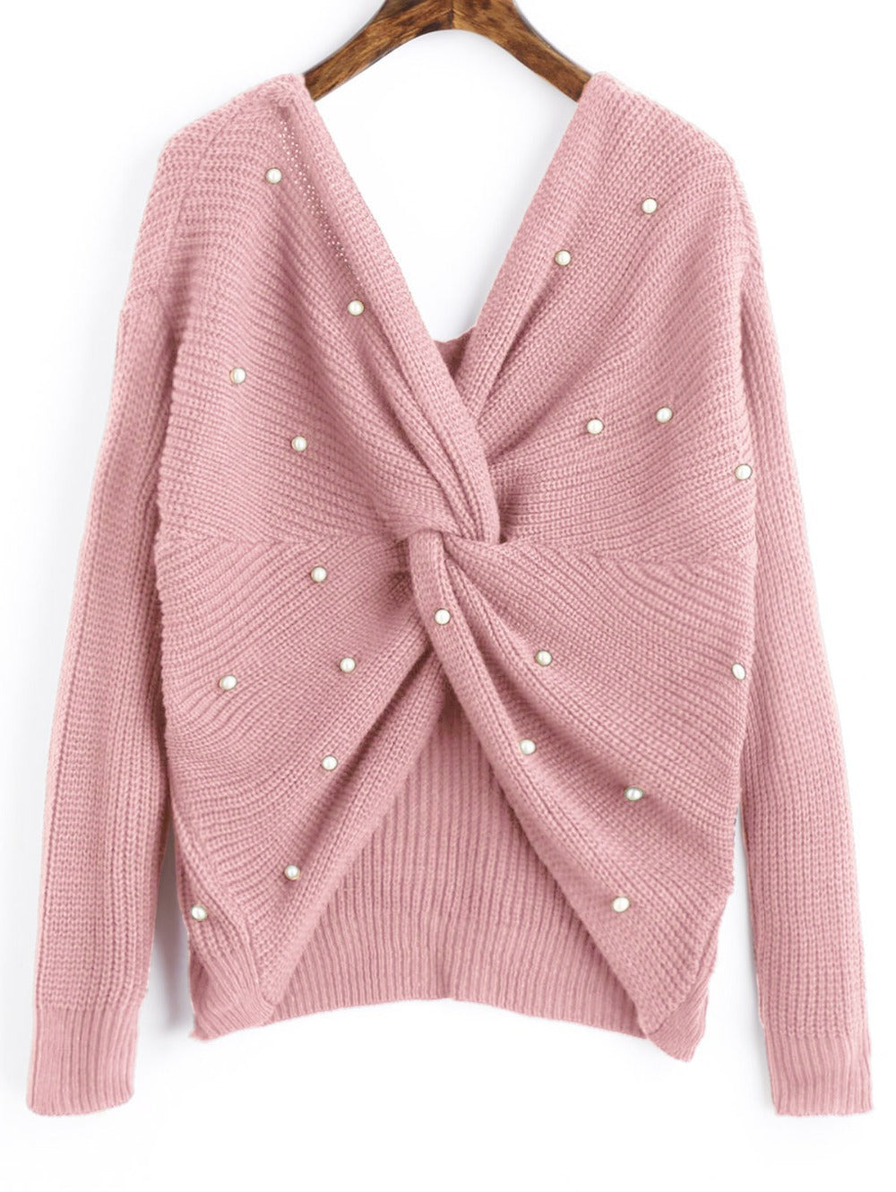 Damen modischer Strickpullover mit Wickeldesign und perlenverzierten Details Drune