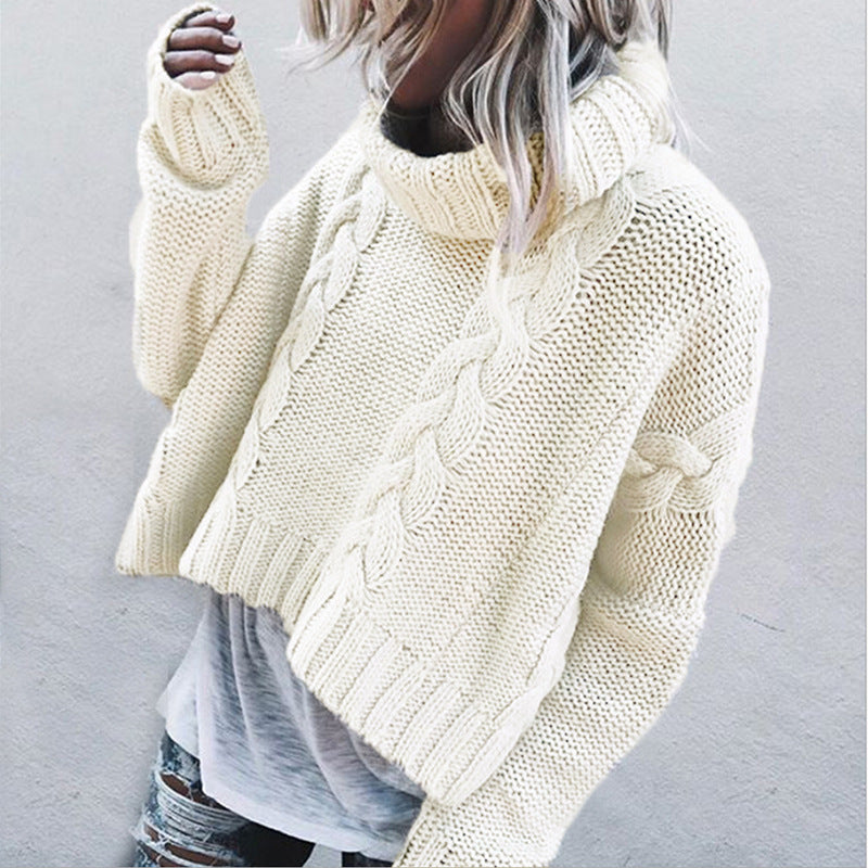 Damen Grobstrickpullover mit hochgeschlossenem Kragen und strategisch platzierten Zopfmustern Drune