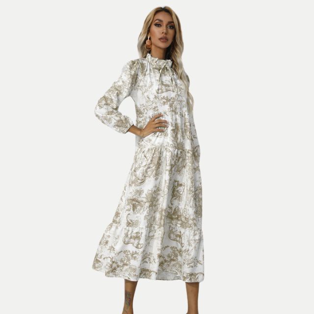 Drune | Toile-Druck Midi-Kleid mit hohem Kragen
