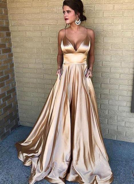 Damen A-Linien Abendkleid mit tiefem Ausschnitt und schmalen Trägern Drune