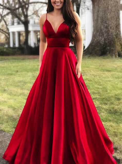 Damen A-Linien Abendkleid mit tiefem Ausschnitt und schmalen Trägern Drune