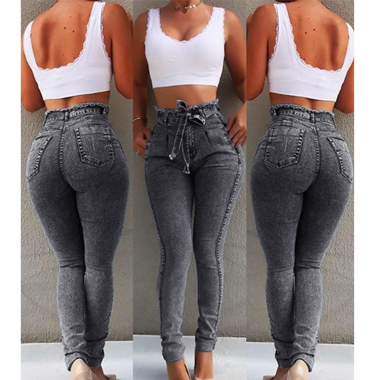 Damen figurschmeichelnde High-Waist Jeans mit praktischen Taschen und verstellbarem Kordelzug Drune