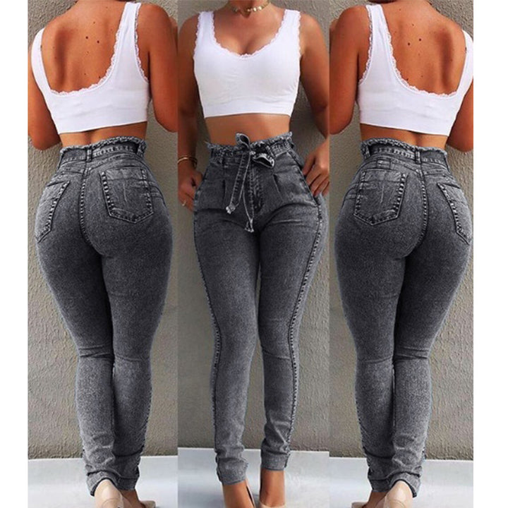 Damen figurschmeichelnde High-Waist Jeans mit praktischen Taschen und verstellbarem Kordelzug Drune