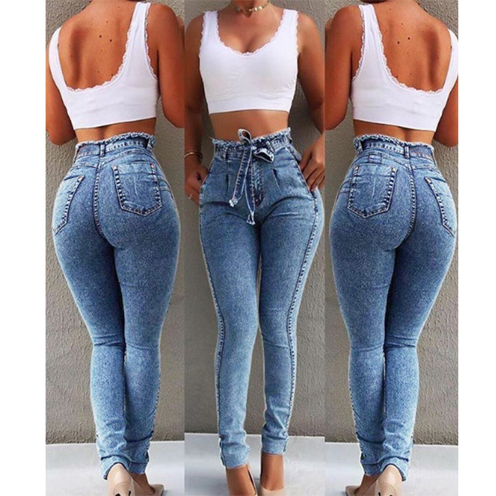 Damen figurschmeichelnde High-Waist Jeans mit praktischen Taschen und verstellbarem Kordelzug Drune