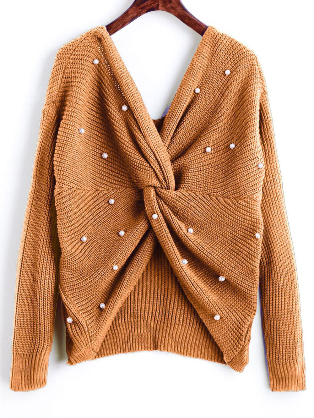 Damen modischer Strickpullover mit Wickeldesign und perlenverzierten Details Drune