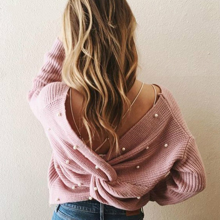 Damen modischer Strickpullover mit Wickeldesign und perlenverzierten Details Drune