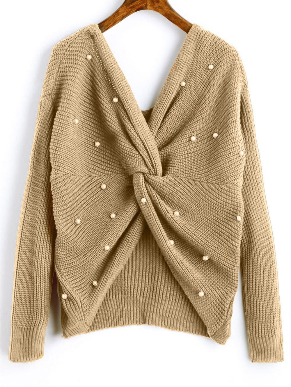Damen modischer Strickpullover mit Wickeldesign und perlenverzierten Details Drune