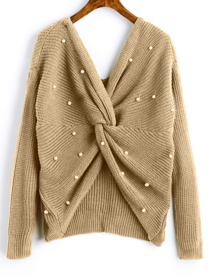 Damen modischer Strickpullover mit Wickeldesign und perlenverzierten Details Drune