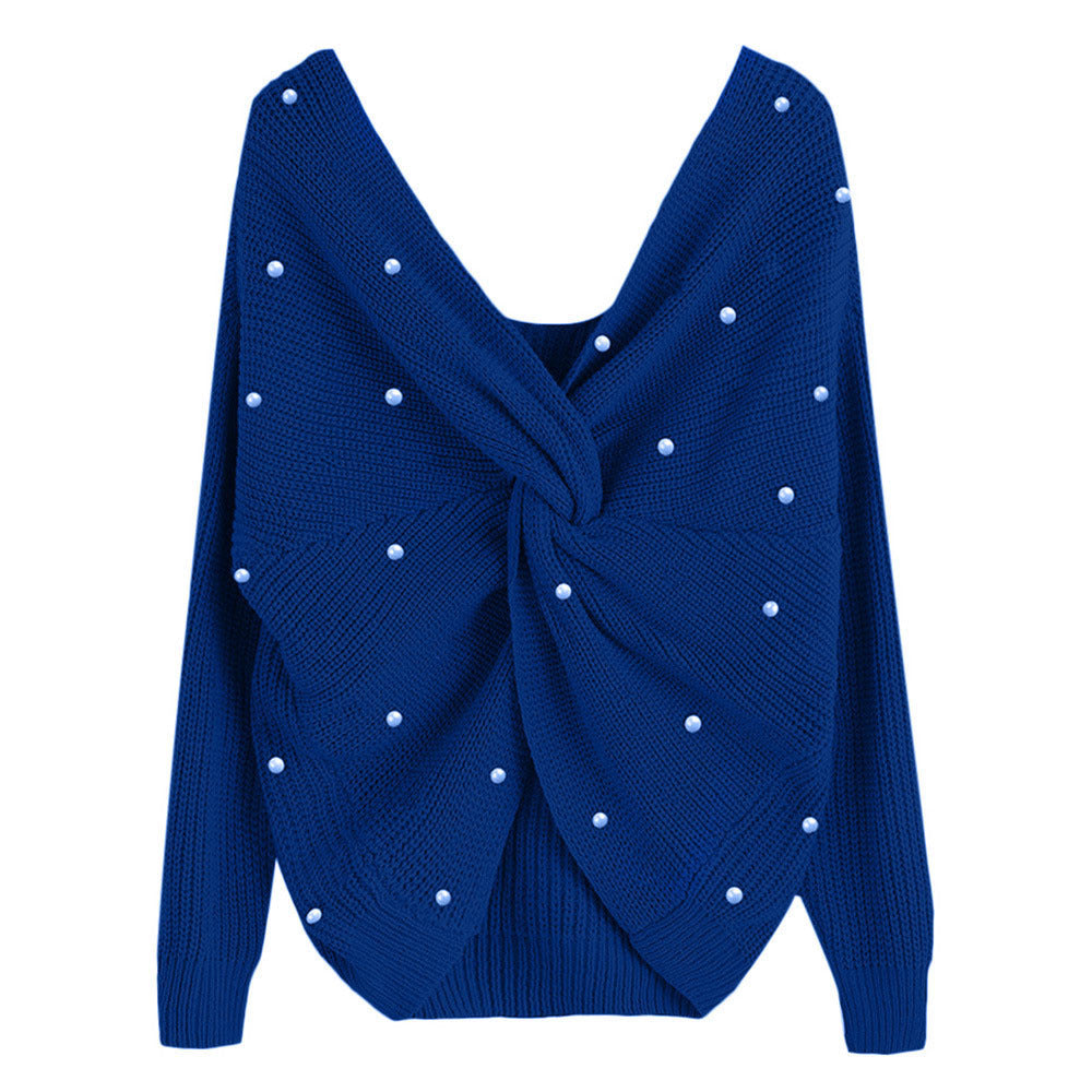 Damen modischer Strickpullover mit Wickeldesign und perlenverzierten Details Drune