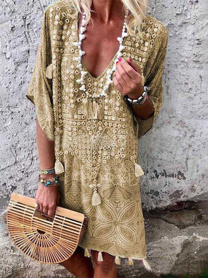 Damen Boho-Chic Kaftan mit V-Ausschnitt und Tassel-Details Drune