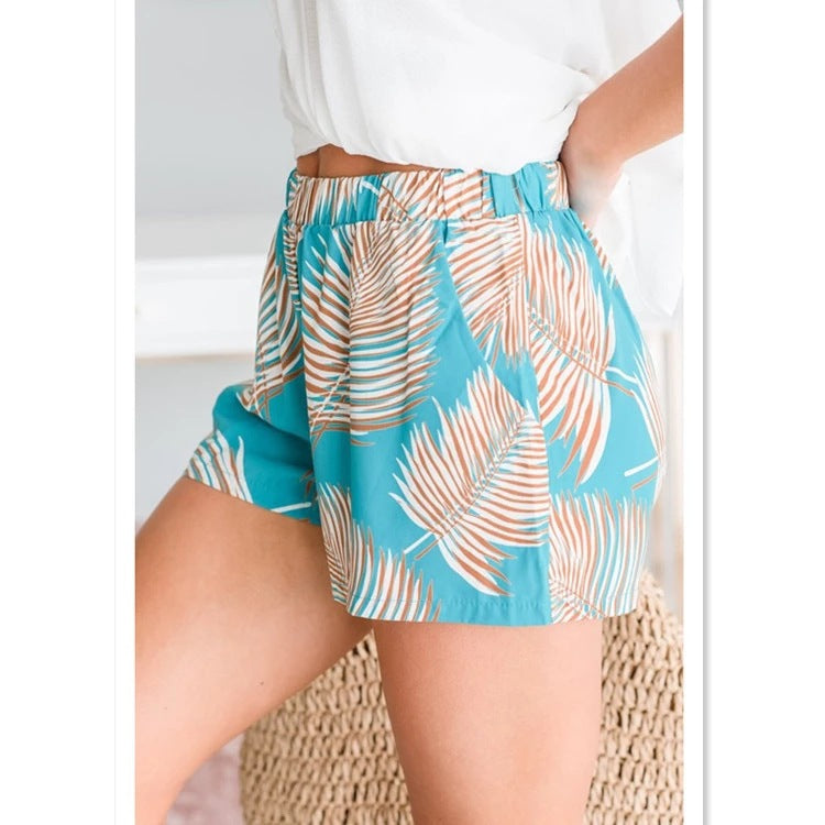 Damen luftige Strandshorts mit elastischem Bund und tropischem Blätterdesign Drune