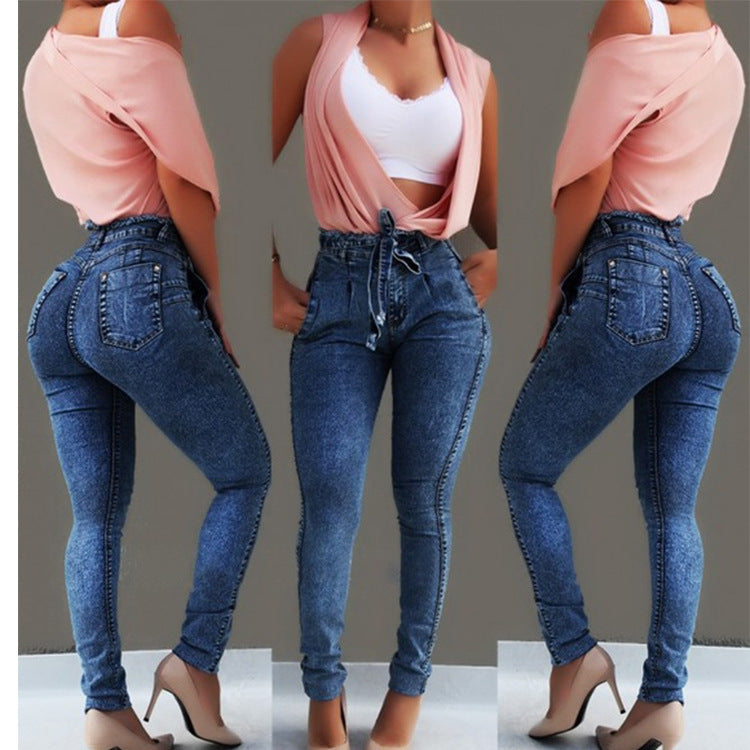 Damen figurschmeichelnde High-Waist Jeans mit praktischen Taschen und verstellbarem Kordelzug Drune