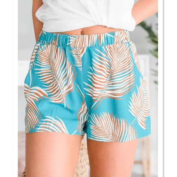 Damen luftige Strandshorts mit elastischem Bund und tropischem Blätterdesign Drune