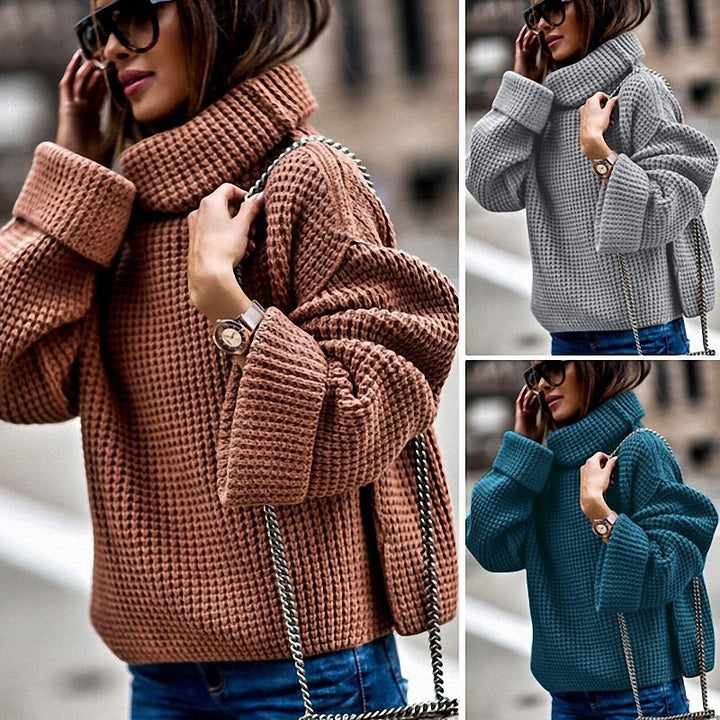 Damen Oversized Strickpullover mit hohem Kragen und strukturiertem Design Drune